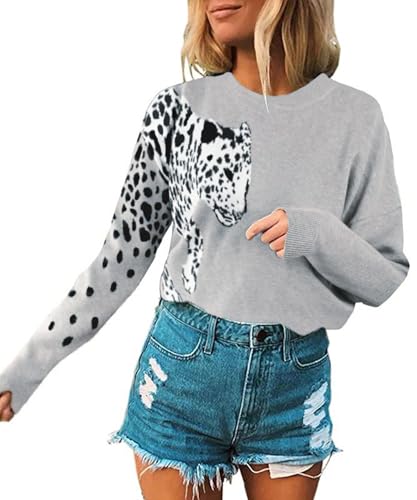 Angashion Women's Sweaters Casual Floral Printed Patchwork Long Sleeves Knitted Pullover Cropped Sweater Tops 182 Grey Small