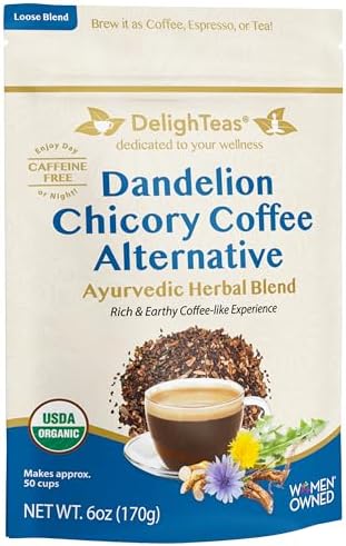 DelighTeas Organic Coffee Alternative | Ayurvedic Herbal Chicory Dandelion Coffee | Coffee Substitute | USDA Organic, Caffeine Free, Gluten Free | With Sweet Notes of Carob | 50 servings, 6oz.