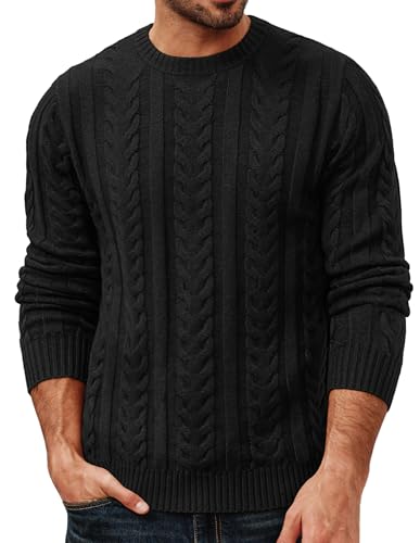 PJ PAUL JONES Herren Pullover mit Rundhalsausschnitt Langarm Zopfmuster Winter Strickpullover XL Schwarz