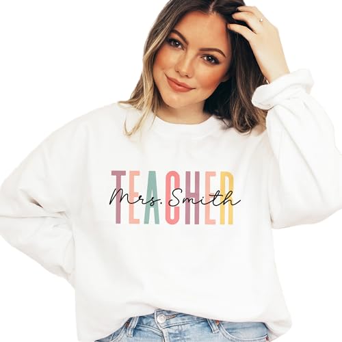 Custom Colorful Teacher Sweatshirt, Personalized Gift For Teachers, Mrs. Teacher Last Name Pullover Sweater, Teacher Appreciation Gifts, Unisex Crewneck Sweatshirt Sand3