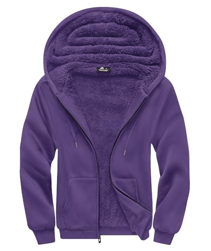 SCODI Hoodies for Men Heavyweight Fleece Sweatshirt - Full Zip Up Thick Sherpa Lined Hooded Sweatshirts Purple L