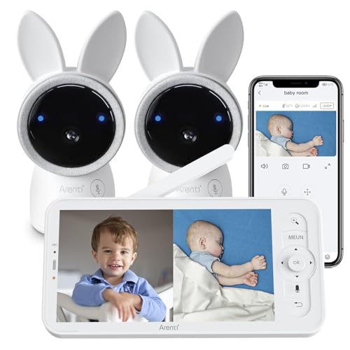 ARENTI Split-Screen Video Baby Monitor, Audio Monitor with Two 2K UHD WiFi Cameras,5" Color 720P Display,Night Vision,Cry Detection,Motion Detection,Temp&Humidity Sensor,Two Way Talk,App Control