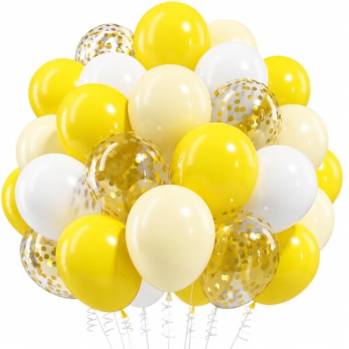 Image of Yellow and White Balloons, 12Inch Pastel Yellow White Gold Confetti Balloons for Bee Lemon Wedding Baby Bridal Shower Sunflower Birthday Party Decorations