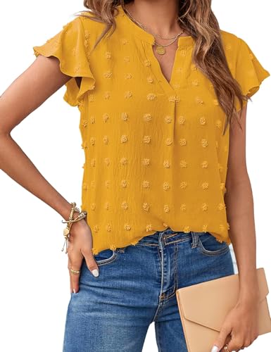 MEROKEETY Women's 2026 Spring V Neck Ruffle Short Sleeve Blouse Summer Swiss Dot Dressy Casual Flowy Shirt Tunic Top, Ginger, Medium