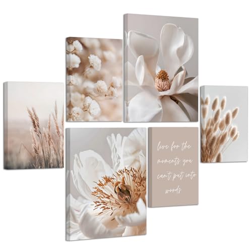6 Pcs Beige Fleurs Roseaux Tableau Decoration Murale Encadre Set, Esthétique Blanc Floral Plantes Affiche Deco Murale Nature Côte Tableau Peinture Sur Toile...