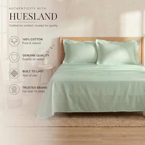 Image of Huesland 100% Pure Cotton Luxe Soft Touch Bedsheet 300 TC - Premium Luxury Bedsheet for Double Bed King Size | Misty Jade | 108 x 108 inches