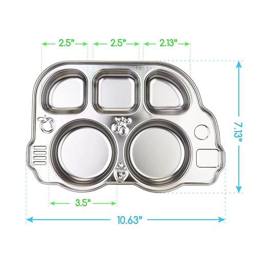 Image of Happy Hues Stainless Steel Divided Meal Plate Tray-5 Compartments Dinner Dish for Baby- Toddler- Kids Eating Food - Bus Shape
