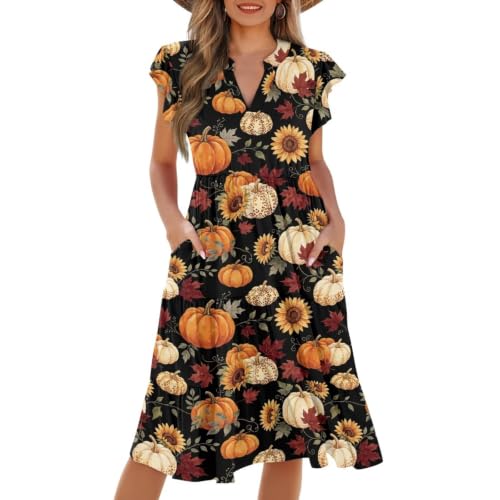 Image of Women's Casual Ruffle Sleeve Dress V Neck Pullover Dress Flowy A-Line Pleated Lightweight Dress with Pockets