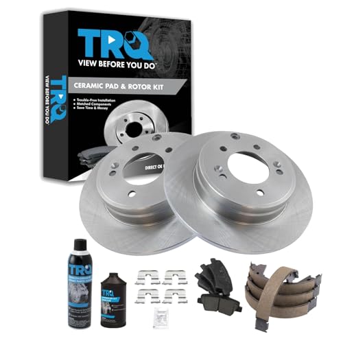 Image of TRQ Rear Brake Pad & Rotor Kit, with Chemical Kit Parking Brake Shoe Set Ceramic Compatible with 2015 Hyundai Sonata 2015-2015 Kia Optima
