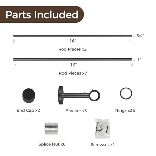 Image of TWOPAGES Adjustable Curtain Rods for Windows 32 to 120 Inch, Wall Mounted Heavy Duty 1 Inch Black Curtain Rod with Rings, Carbon Steel Curtain Rod Set