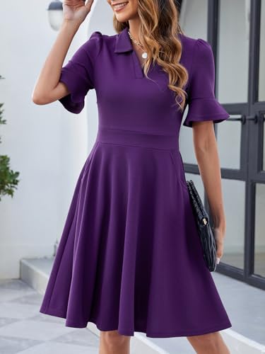 Image of Mokayee Womens Summer Ruffle Sleeve Collared V Neck Fit and Flare Elegant A line Swing Dresses with Pockets