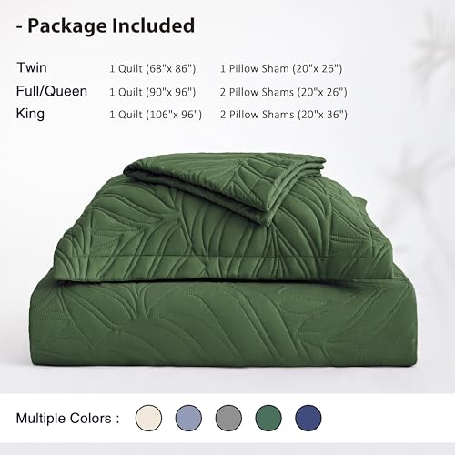 EXQ Home Quilt Set King Size Olive Green 3 Piece,Lightweight Soft Coverlet Modern Style Leaf Pattern Bedspread Set(1 Quilt,2 Pillow Shams)