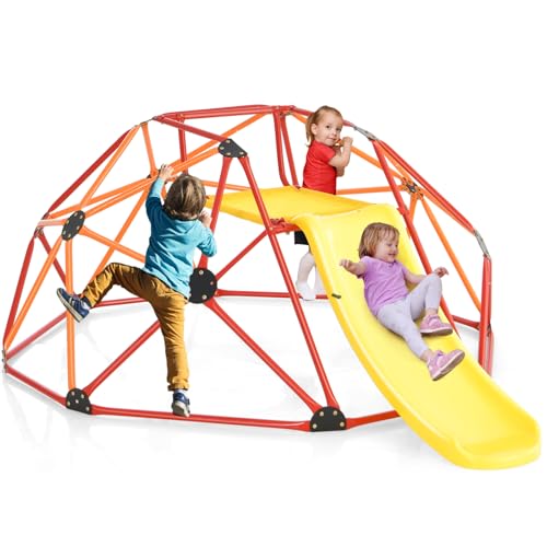 Costzon Kids Climbing Dome with Slide, 8FT Kids Jungle Gym Monkey Bar Climbing Toys for Outdoor, 2 in 1 Indoor Geometric Dome Climber Playground Set for 3-8 Boys Girls Toddlers Backyard Gift Present