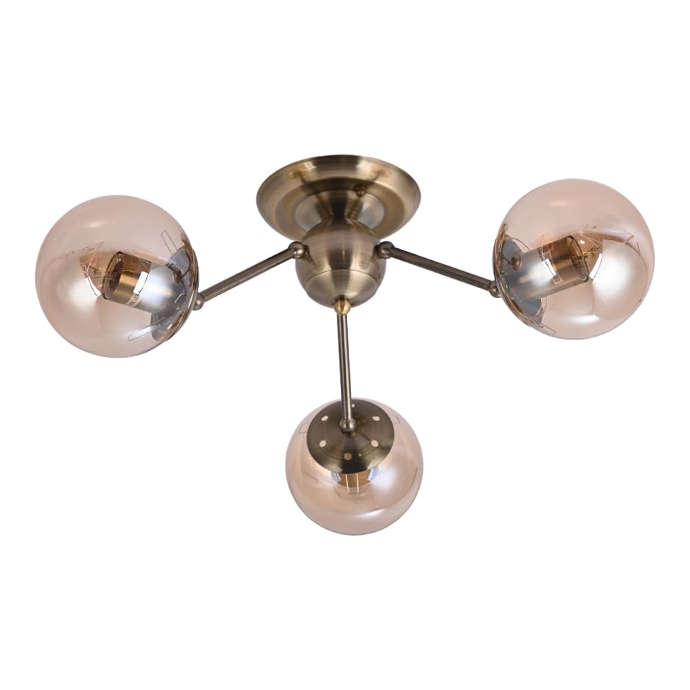 Tekled Antique Brass, Amber Atomic Elegance Brass & Amber Globe Ceiling Light | E27 Bulb Base | Industrial-Modern Blend Semi-Flush Mount Light Fixture | For Living Rooms Dining Halls Hallways | 3 Globe (Bulb Not Included)