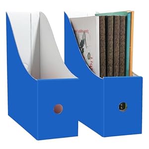 Limitliho 2 Pack Cardboard Magazine File Holder for Desktop ，Blue Book Bins for Classroom Library, Office or Home, Vertical Paper Boxes for Storage with Label(10.6″ H x 10.2″ L x 3.5″ W in)
