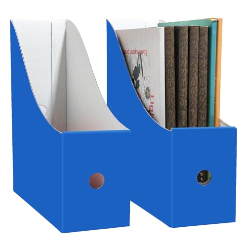 Limitliho 2 Pack Cardboard Magazine File Holder for Desktop ,Blue Book Bins for Classroom Library, Office or Home, Vertical Paper Boxes for Storage with Label(10.6" H x 10.2" L x 3.5" W in)