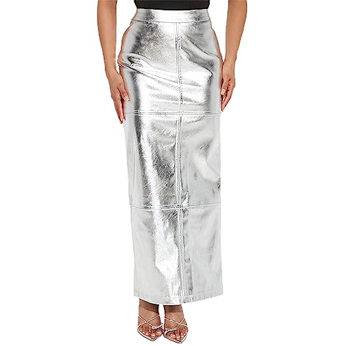 Womens PU Leathers Skirt, Bodycon High Waist Casual Split PU Pencil Skirt Office Lady Work Skirt Silver