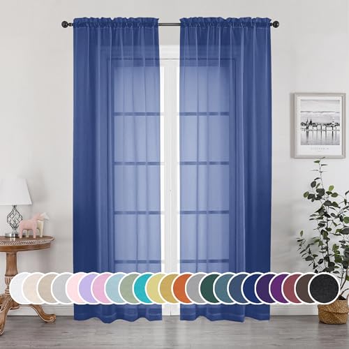 Image of OWENIE Sheer Curtains 84 Inches Long 2 Panels Set for Bedroom Living Room, Light Filtering Voile Blue Sheer Curtains, Airy Rod Pocket Farmhouse Curtains, Royal Blue, Each 42Wx84L inch