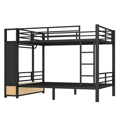 Bellemave Bunk Bed Full Over Full,Metal Bunk Bed with Shelf and Guardrails,Full Bunk beds with Storage Drawers and Clothes Hooks for Kids, Teens & Adults(Black)