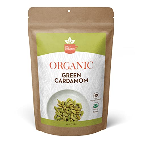 SPICY ORGANIC Jumbo Size Green Cardamom Pods - 4 oz - 100% Pure USDA Organic - Non-GMO, Gluten-Free - Comes in a Resealable Pack - Freshly Harvested - 90 Servings Per Container