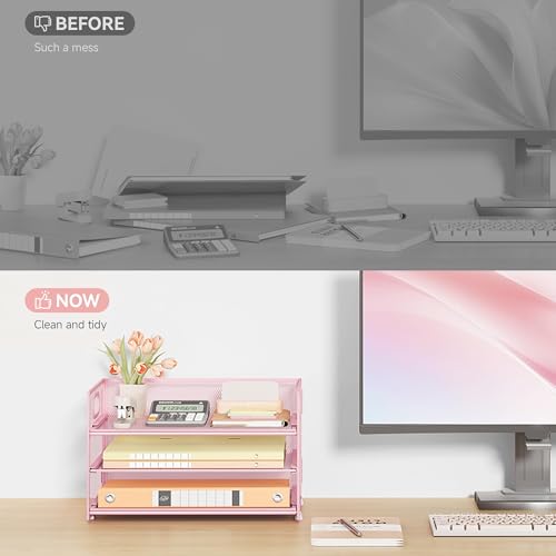 Pochette pour documents A4 et rangement de bureau en treillis rose à 3 niveaux