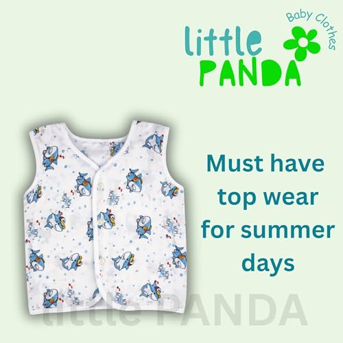 Image of little PANDA Muslin Cotton Baby Jabla | Soft Breathable Newborn Jhabla for Baby 0-3 & 3-6 Months | Organic Cotton Sleeveless Front Open Vest for Boys & Girls