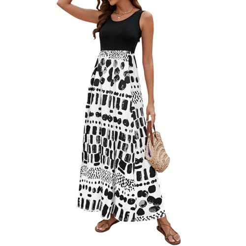 Image of Sherosa Women Boho Chevron Striped Floral Printed Summer Sleeveless Tank Long Maxi Party Dress
