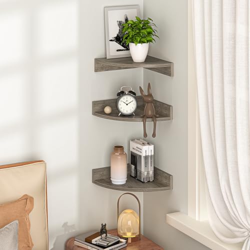 Image of Fun Memories Corner Shelf Wall Mount, Wood Floating Corner Shelves,Corner Wall Shelf for Bedroom, Bathroom, Kitchen, Living Room (Grey, 3 Pack)
