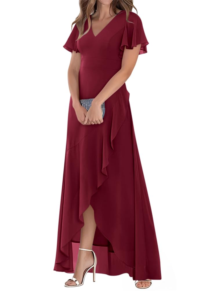 Minetom Robe De Soirée pour Mariage Invité Longue Femme Col V Mousseline A Line Manches Courtes Plissé Fendue Fluide