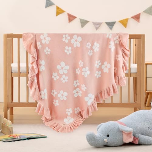 Image of Cotton Knit Baby Blanket with Ruffle Edge - Soft Baby Girl Blanket, Receiving Blanket for Newborn, Stroller & Crib Blanket, Newborn Shower Gift (Pink)
