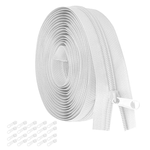 Cremallera de nailon de 10 m con 10 tiradores, cremalleras por metros para coser, cremallera de nailon blanca, adecuada para ropa, bolsos, ropa de cama