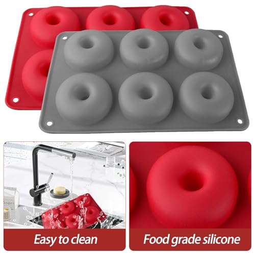 2 Pack Doughnut Mould, 6 Cavity Silicone Donut Molds Non Stick Donut Pan for Baking Mini Doughnut Tray Ring Cake Tins (Red+Grey) - Image 4