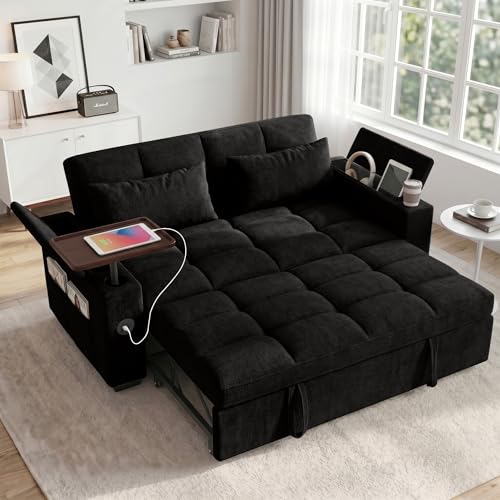 Image of Dreamzie 65'' Convertible Sleeper Sofa Bed with 90 Swivel Side Table, Chenille Pull Out Couch for Living Room, Loveseat Sleeper with Hidden Storage Space | Charging Port | Cup Holders, Black