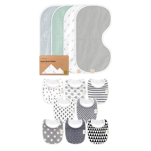 KeaBabies 4-Pack Baby Burp Cloths Baby Girl, Boy and 8-Pack Baby Bibs for Girls & Boys - Cotton Burp Cloth Extra Large, Absorbent - Teething Baby Bibs for Boy, Girl
