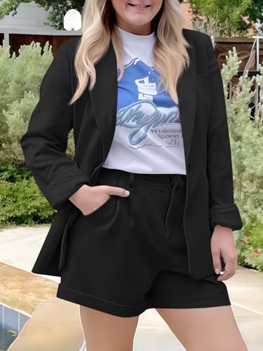 Women's 2 Piece Open Front Long Sleeve Blazer and Solid Short Pants Suit Sets3