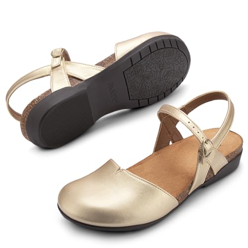 Image of PARTY Closed Toe Sandals Women, Barefoot Arch Support Flat Sandals for Office Work and Travel with Comfortable Cork Footbed