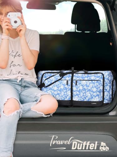 Image of Lekesky Foldable Travel Duffle Bag for Women, Large Duffel Bag with Separate Shoes Compartments & Straps, Carry On Weekend Bag for Women (Blue Floral Print, 80L)