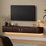 DHH 71' Floating TV Stand with Power Outlet for TVs up to 80', Mid Century Modern TV Console with RGB LED Lights, Fluted Entertainment Center with Sliding Door for Living Room, Bedroom(Walnut)