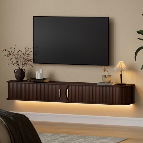DHH 71 Floating TV Stand with Power Outlet for TVs up to 80 Mid Century Modern TV Console with RGB LED Lights Fluted Entertainment Center with Sliding Door for Living Room Bedroom(Walnut)