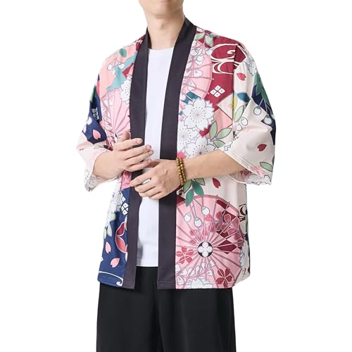 Image of PRIJOUHE Men's Lightweight Kimono Jacket Seven Sleeve Open Front Cardigan Coat Japanese Style Bathrobe