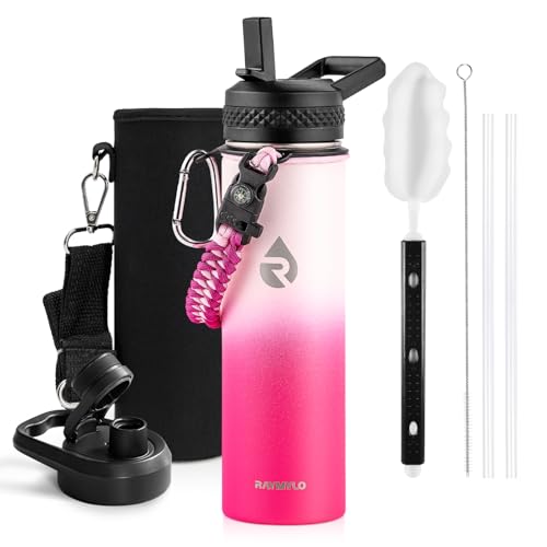 RAYMYLO Insulated Stainless Steel Water Bottle with Straw & Spout Lids, 590 ml Leak Proof Metal Water Flask Jug for Sports and Travel, BPA-Free, Keeps Cold for 24 Hrs, Hot for 12 Hrs