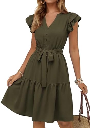 KIRUNDO Women Flutter Sleeve Summer Dress 2025 Spring V Neck Ruffle Flowy Tiered Knee Length Belted Beach Vacation Sundress