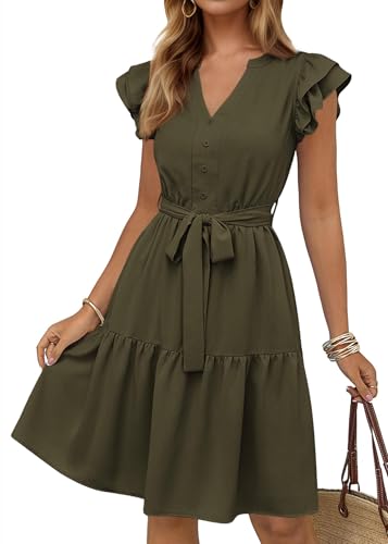 Image of KIRUNDO Summer Dresses for Women 2026 Knee Length | Flutter Sleeve, Button Up V Neck, Cute Ruffle Flowy Tiered, Tie Waist, Loose Fit, Casual Everyday, Beach Vacation Sundress