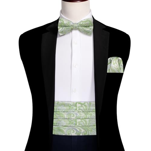 Image of Barry.Wang Men Silk Paisley Cummerbund and Pre-tied Bowtie Handkerchief Cufflink Set for Tuxedo