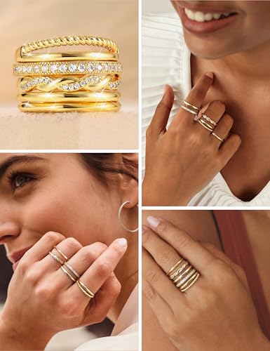 YADOCA 5 Piezas Anillos de Plata Oro para Mujer Ajustable Anillo con Circonita Cúbica Minimalista Anillos de Plata Anillos de Compromiso Anillo de Joyería para Novia Esposa Mamá - imagen 4