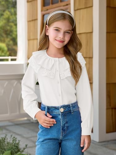 Girls Eyelet Ruffle Collar Blouse Kids Long Sleeve Button Down Shirt Cute Uniform Tops 5-14 Years3