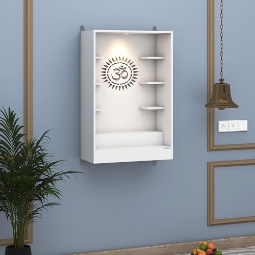 Image of Anikaa Niketana Wooden Wall Mount Mandir for Home | Pooja Temple with LED Light, Om Back Panel & 6 Shelves | Hindu Wooden Temple for Home & Office Decoration | White (DIY), Size(32x20x8 Inches)