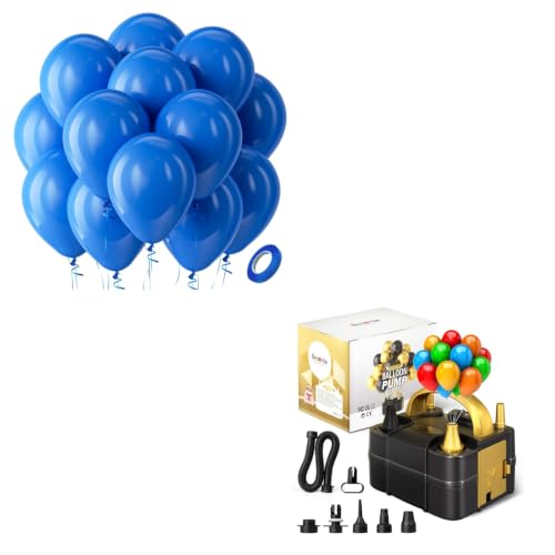 Image of Royal Blue Latex Party Balloons - 100 Pack 12 inch Round Helium Matte Dark Blue Balloons and Electric Balloon Pump Multiple