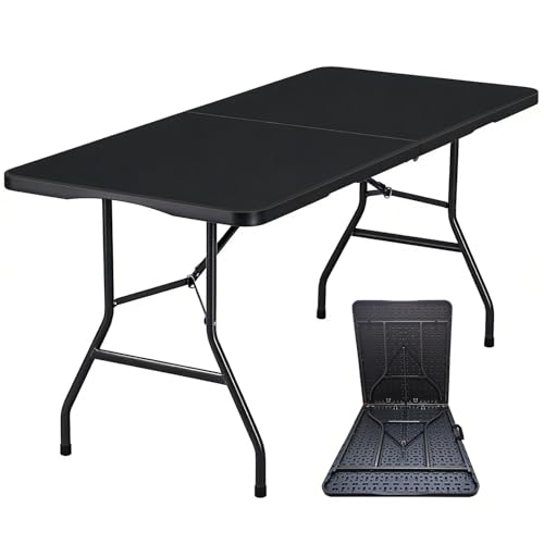 Lakhow Folding Table 6ft Heavy Duty Portable Plastic Fold-in-Half 6 Foot Foldable Table Indoor Outdoor with Parties, Camping Picnic,Folds in Half for Easy Storage, No Assembly Required, Black