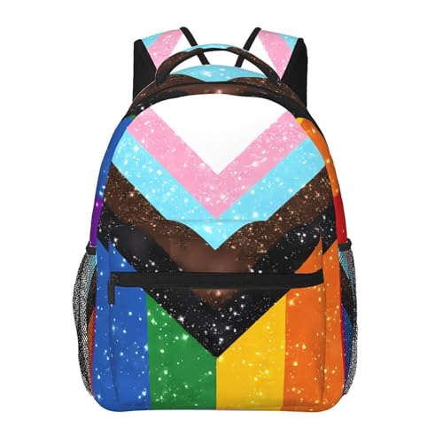 peiyeety Rucksäcke für Erwachsene mit Regenbogen-Glitzer-Progress-Pride-Flagge, 15 Zoll (38,1 cm), Laptop-Rucksack, leichte Reisetasche für Männer und Frauen, Geschenke